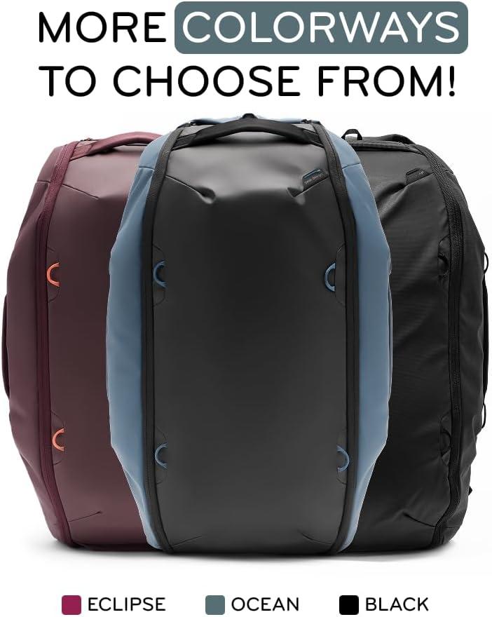 imagePeak Design Travel Duffelpack 4565L Ocean Weatherproof Duffel Backpack Expandable Design ExtraLong Zip Path Stowable Straps Fits Packing Cubes and Camera Cubes Versatile Duffel Bag for TravelOcean