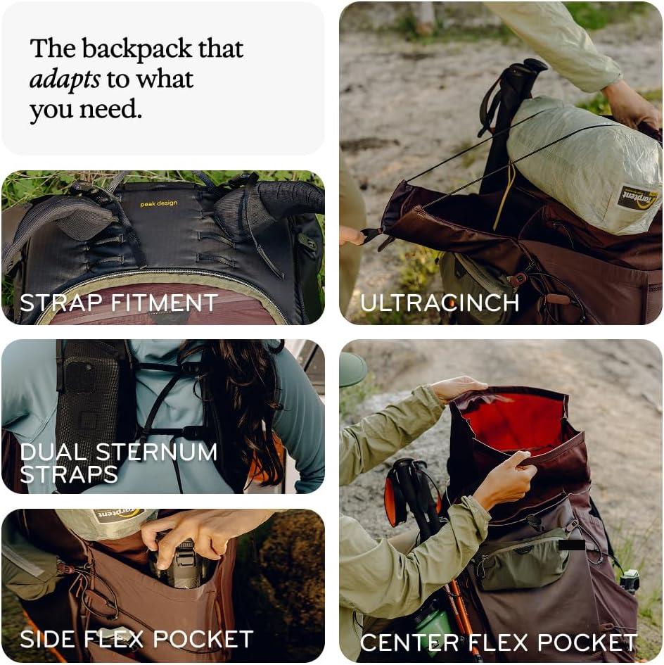 imagePeak Design Outdoor Backpack 45L Kelp Lightweight InternallyFramed Backpack Ultra Cinch RollTop Design Ideal for Hikes Camera Carry and Travel Versatile Backpack for Men and WomenKelp